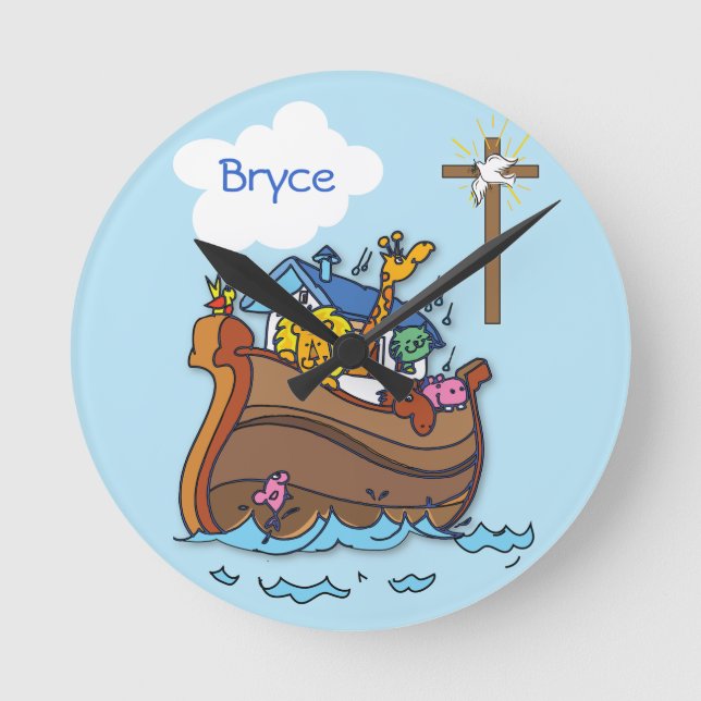Customizable Noah’s Ark Baby Baptism, Boy Blue Round Clock (Front)
