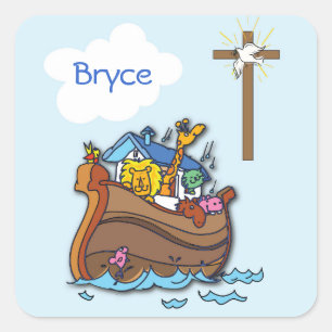 Customizable Noah’s Ark Baby Baptism, Boy Blue Square Sticker