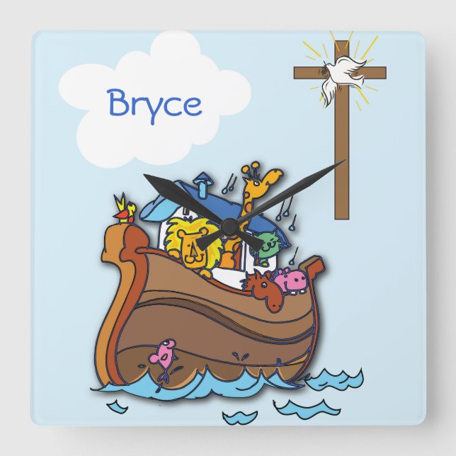 Customizable Noah’s Ark Baby Baptism, Boy Blue Square Wall Clock (Front)