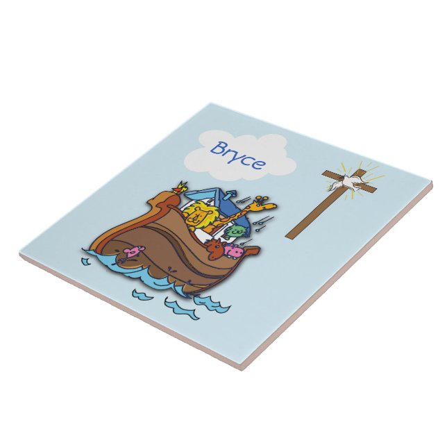 Customizable Noah’s Ark Baby Baptism, Boy Blue Tile (Side)