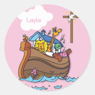 Customizable Noah’s Ark Baby Baptism, Girl Pink Classic Round Sticker