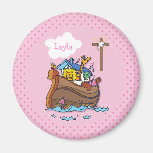 Customizable Noah’s Ark Baby Baptism, Girl Pink Magnet