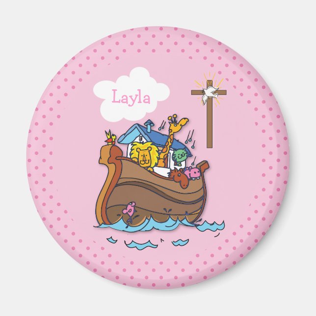 Customizable Noah’s Ark Baby Baptism, Girl Pink Magnet (Front)