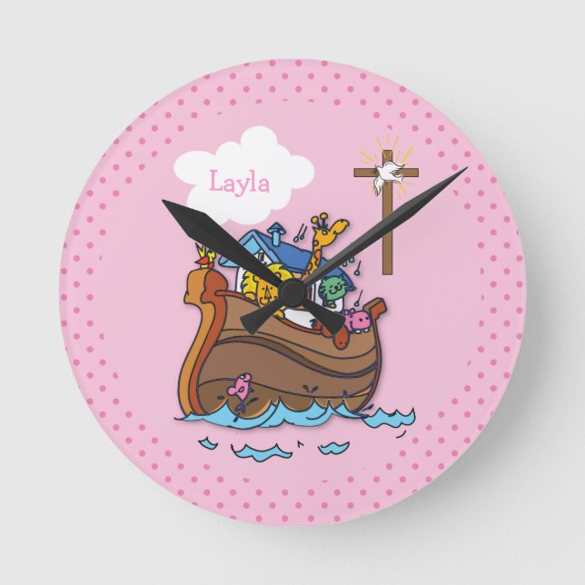 Customizable Noah’s Ark Baby Baptism, Girl Pink Round Clock (Front)