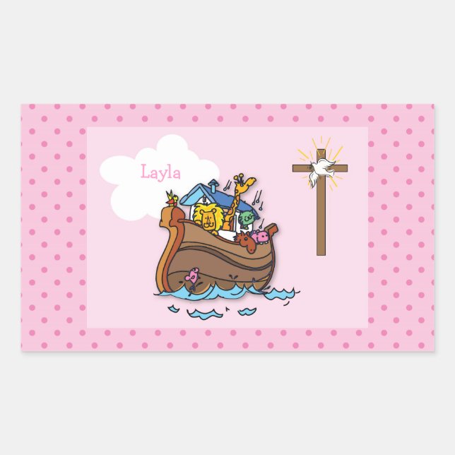 Customizable Noah’s Ark Baby Baptism, Girl Pink Sticker (Front)