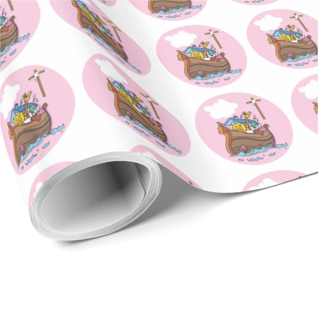 Customizable Noah’s Ark Baby Baptism, Girl Pink Wrapping Paper (Roll Corner)