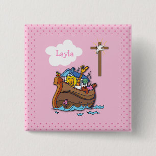 Customizable Noah’s Ark Baptism, Girl Pink 2 Inch Square Button