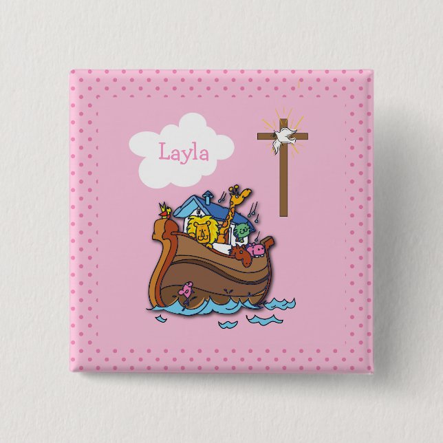 Customizable Noah’s Ark Baptism, Girl Pink 2 Inch Square Button (Front)