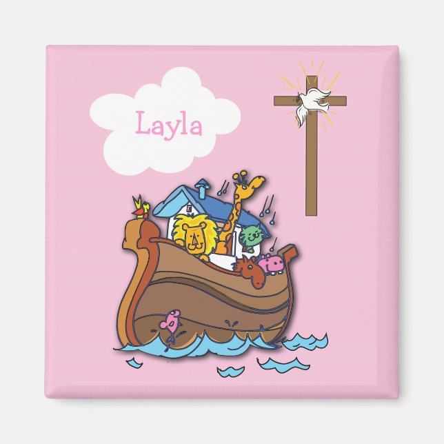 Customizable Noah’s Ark Baptism, Girl Pink Magnet (Front)