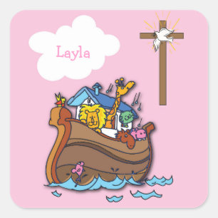 Customizable Noah’s Ark Baptism, Girl Pink Square Sticker