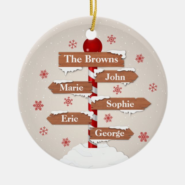 Customizable North Pole 5 Family Names Ceramic Ornament (Front)