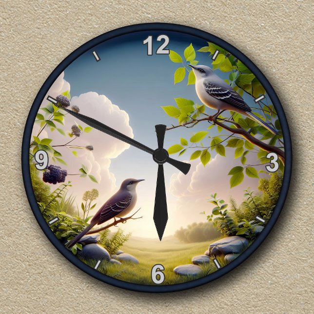 Customizable Northern Mockingbird Nature Scene  Round Clock (Creator Uploaded)