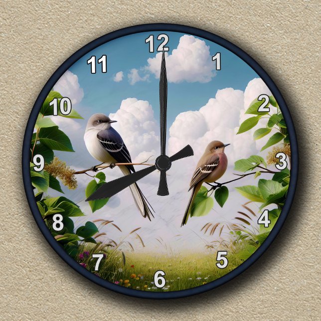 Customizable Northern Mockingbird Nature Scene  Round Clock (Creator Uploaded)