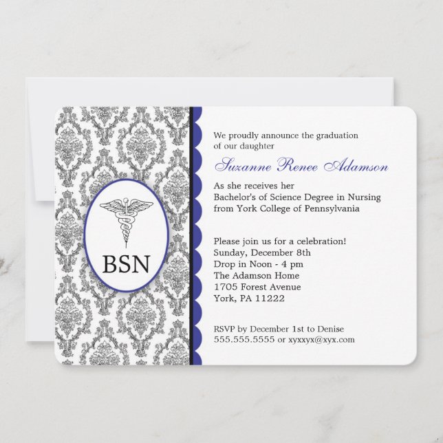 Customizable Nurse Graduation BSN RN blue damask Invitation (Front)