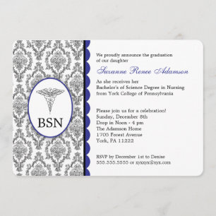 Customizable Nurse Graduation BSN RN blue damask Invitation
