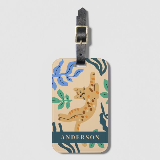 Customizable Ocelot Cat & Matisse Leaves Luggage Tag (Front Vertical)