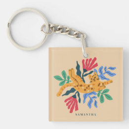 Customizable Ocelot Kitty Cat & Matisse Leaves Keychain