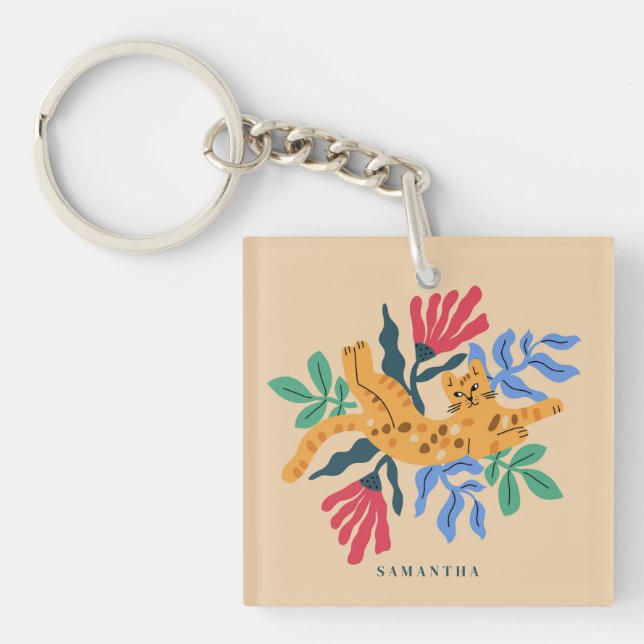 Customizable Ocelot Kitty Cat & Matisse Leaves Keychain (Front)