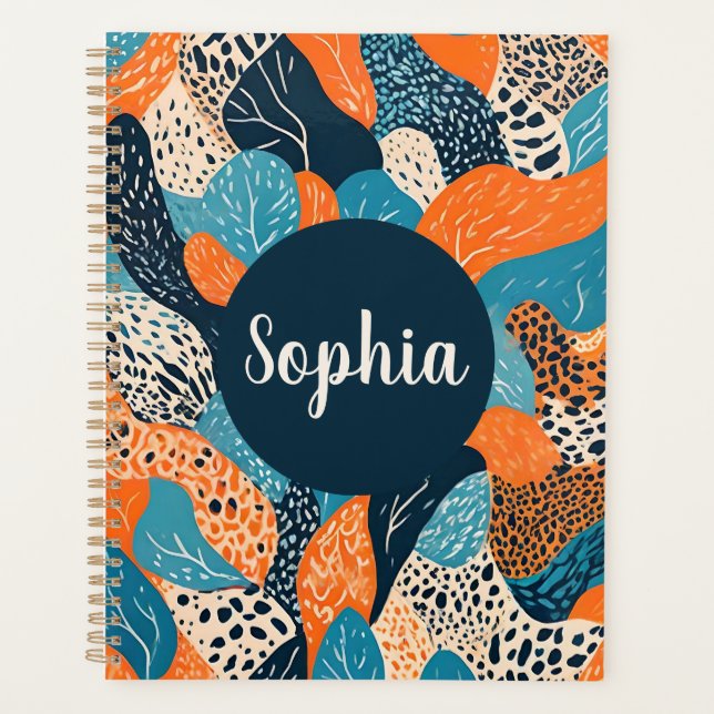 Customizable Orange and Blue Cheetah Print Planner (Front)