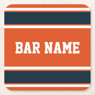 Customizable Orange and Dark Blue Sports Stripes Square Paper Coaster