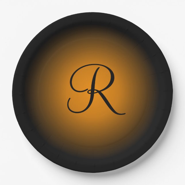 Customizable orange black monogram paper plates (Front)