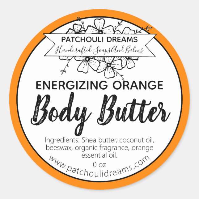 Customizable Orange Body Butter Label Handmade (Front)