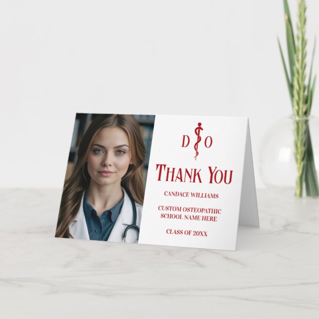 Customizable Osteopathic Medical Doctor Photo Red Thank You Card (Front)