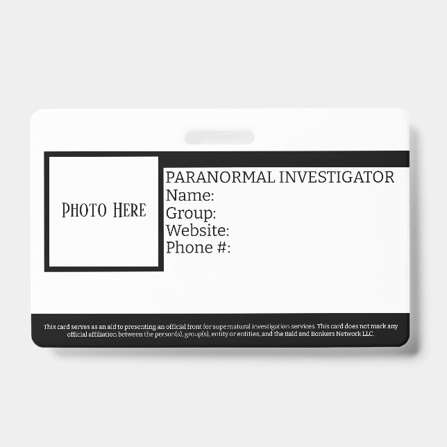 Customizable Paranormal Investigator ID Badge (Front)