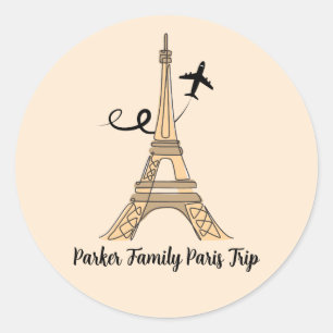 Customizable Paris Trip Chic Eiffel Tower Airplane Classic Round Sticker