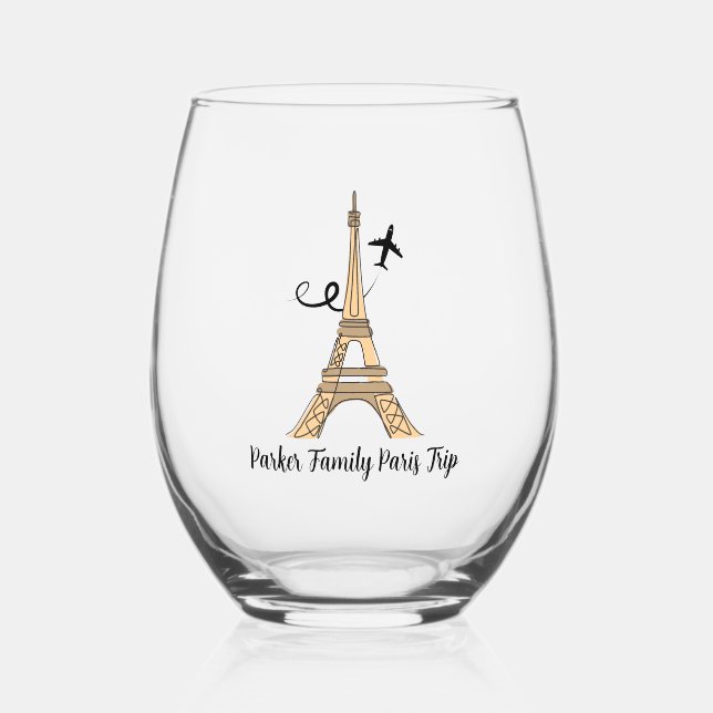 Customizable Paris Trip Chic Eiffel Tower Stemless Wine Glass (Front)