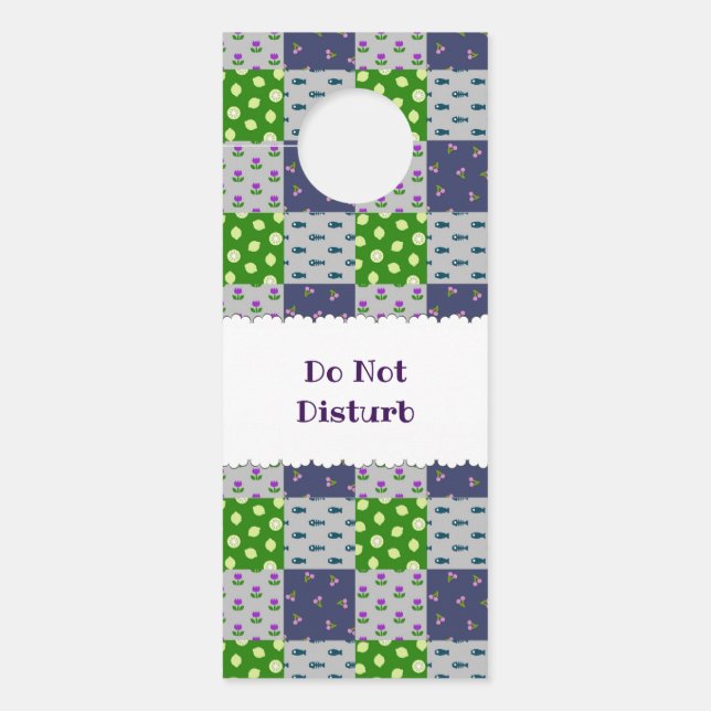 Customizable Patchwork Gray Blue Door Knob Sign wi (Front)