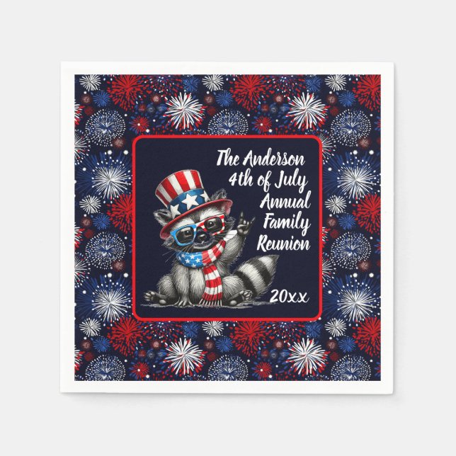 Customizable Patriotic Raccoon 4th of July Party  Napkin (Front)