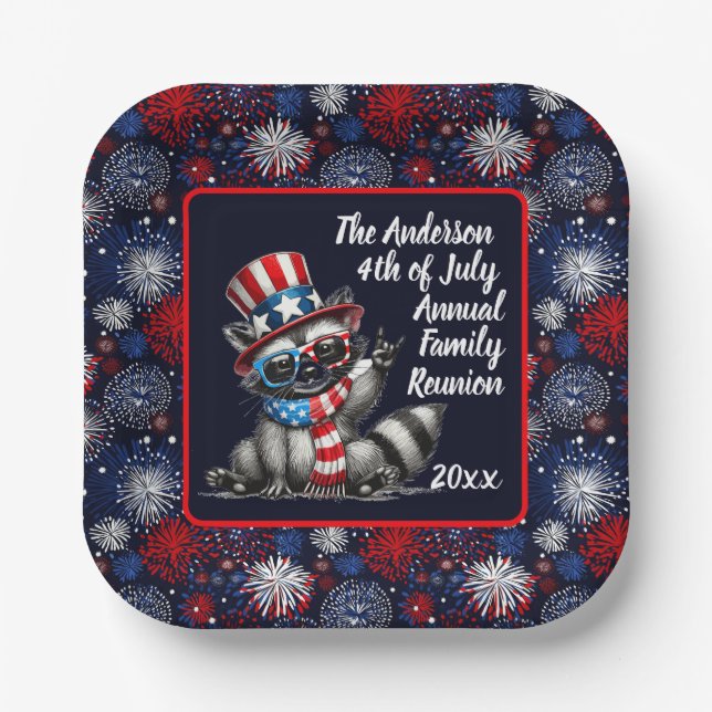 Customizable Patriotic Raccoon 4th of July Party  Paper Plate (Front)