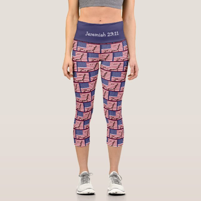 Customizable | Patriotic | USA AMERICAN FLAG Capri Leggings (Front)