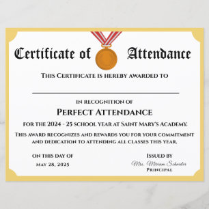 Customizable Perfect Attendance Award Certificate