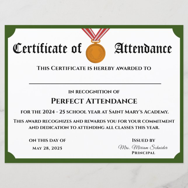 Customizable Perfect Attendance Award Certificate (Front)