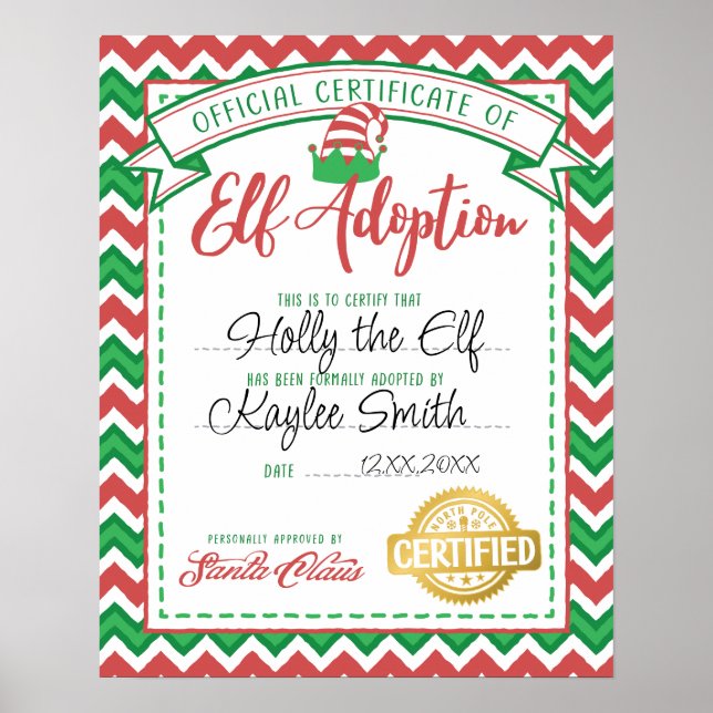 Customizable Personalized Elf Adoption Certificate Poster (Front)