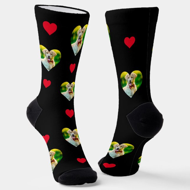 Customizable Pet and Hearts Pattern Black Socks (Angled)