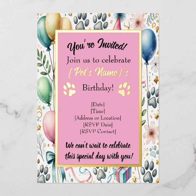 Customizable Pet Birthday Foil Invitation (Front)