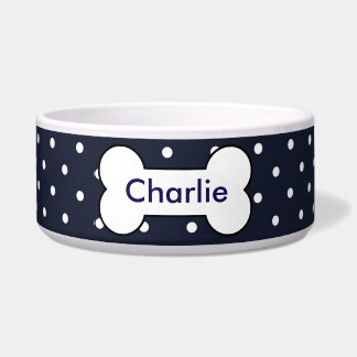 Customizable pet bowl navy blue, white dots, bone