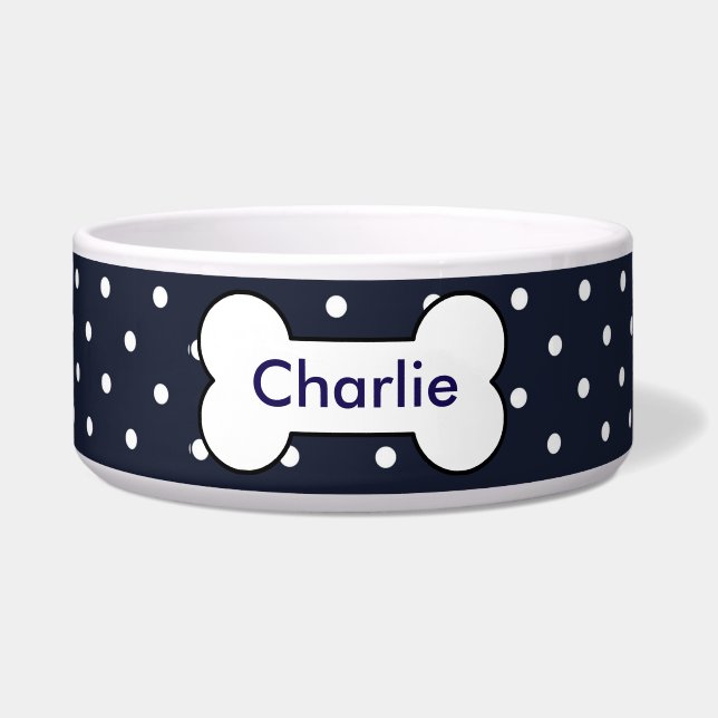 Customizable pet bowl navy blue, white dots, bone (Front)