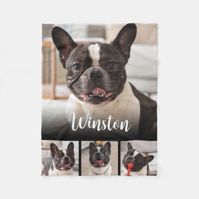 Customizable Pet Photo Collage Dog Name Fleece Blanket (Front)