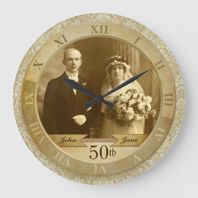 Customizable Photo Clock Gold Damask Roman Numeral (Front)