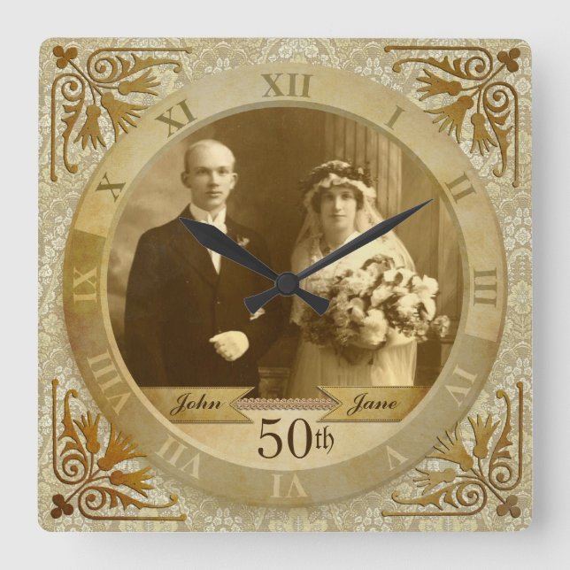 Customizable Photo Clock Gold Damask Roman Numeral (Front)