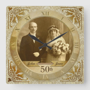 Customizable Photo Clock Gold Damask Roman Numeral