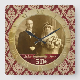 Customizable Photo Clock Red Damask Roman Numeral