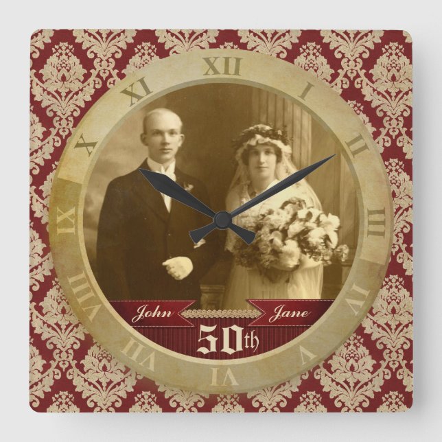 Customizable Photo Clock Red Damask Roman Numeral (Front)