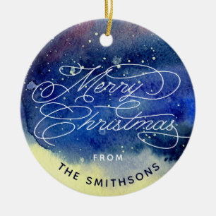 Customizable Photo Cute Navy Blue Merry Christmas Ceramic Ornament