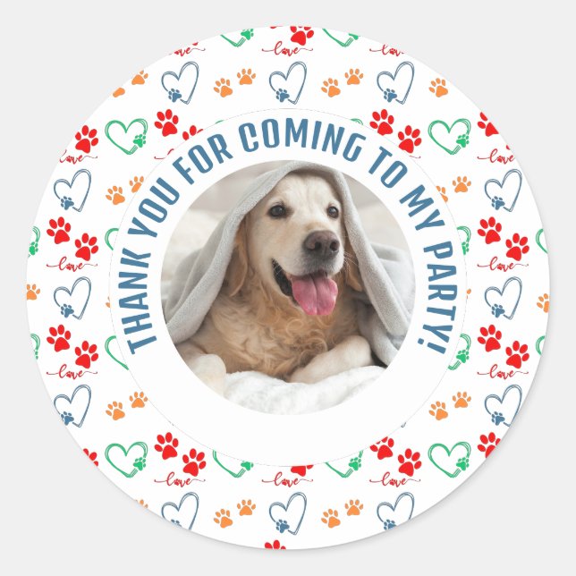 Customizable Photo Dog Birthday Thank You Party Classic Round Sticker (Front)