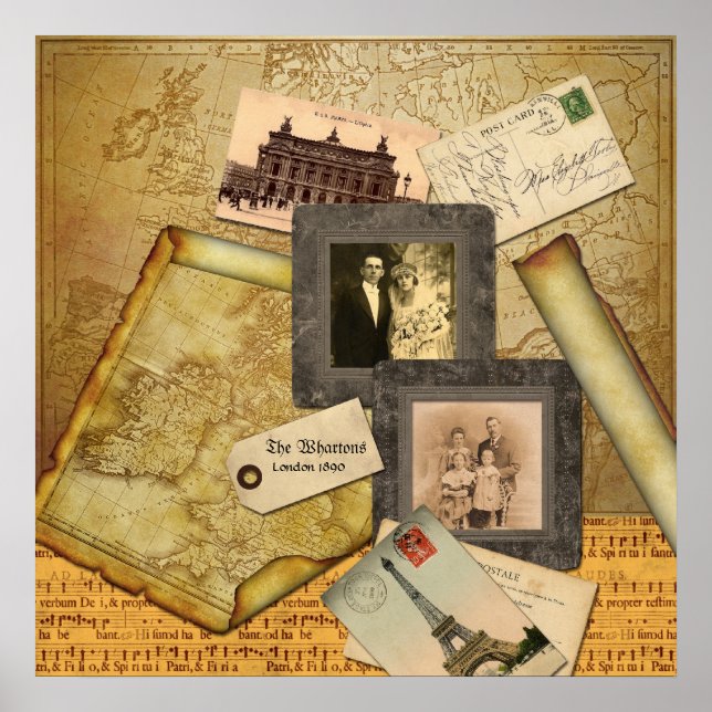 Customizable Photo Frame Vintage Map Paper Collage Poster (Front)